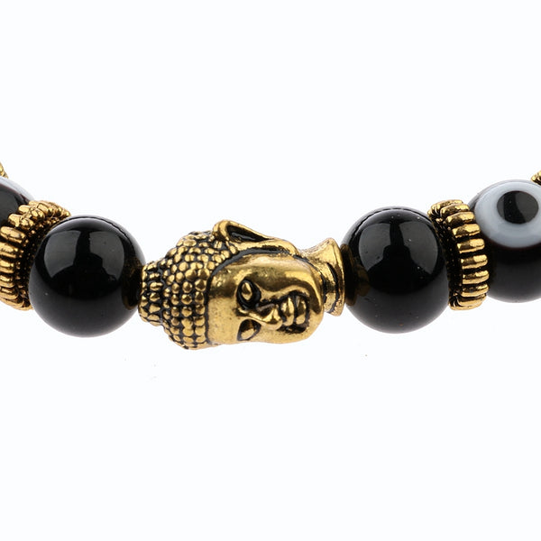 Charm Buddha&Evil Eye Bracelet Women 8mm Elastic Round Bright Black Stone Chakra Bracelets Men Erkek Bileklik Homme