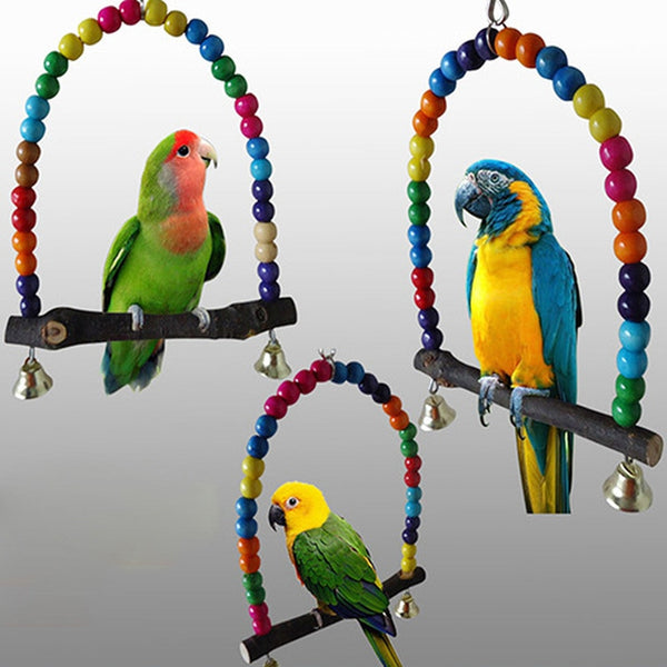1PC Natural Wooden Parrots Swing Toy Birds Colorful Beads Bird Supplies Bells Toys Perch Hanging Swings Cage for Pets