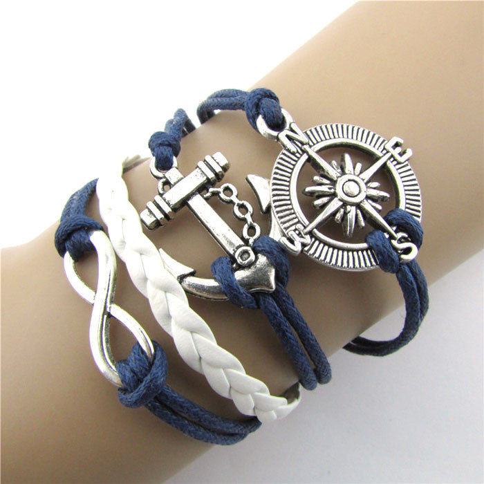 Hot Infinity Love Anchor Compass Leather Charm Bracelet Plated Silver