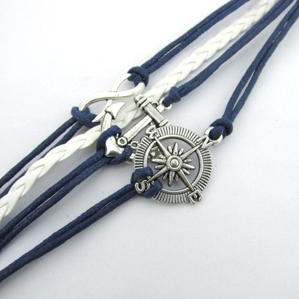 Hot Infinity Love Anchor Compass Leather Charm Bracelet Plated Silver