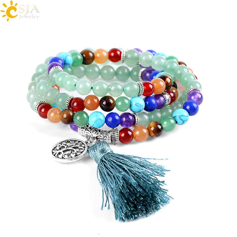 CSJA 108 Meditation Green Aventurine Multi-layer Bracelets 7 Chakra Yoga Balance Natural Round Mala Bead Life Tree Healing