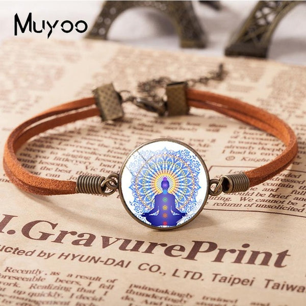 New 7 Chakra Reiki Healing Bracelets Buddha Yoga Meditation Leather Bracelet Glass Cabchon Jewelry